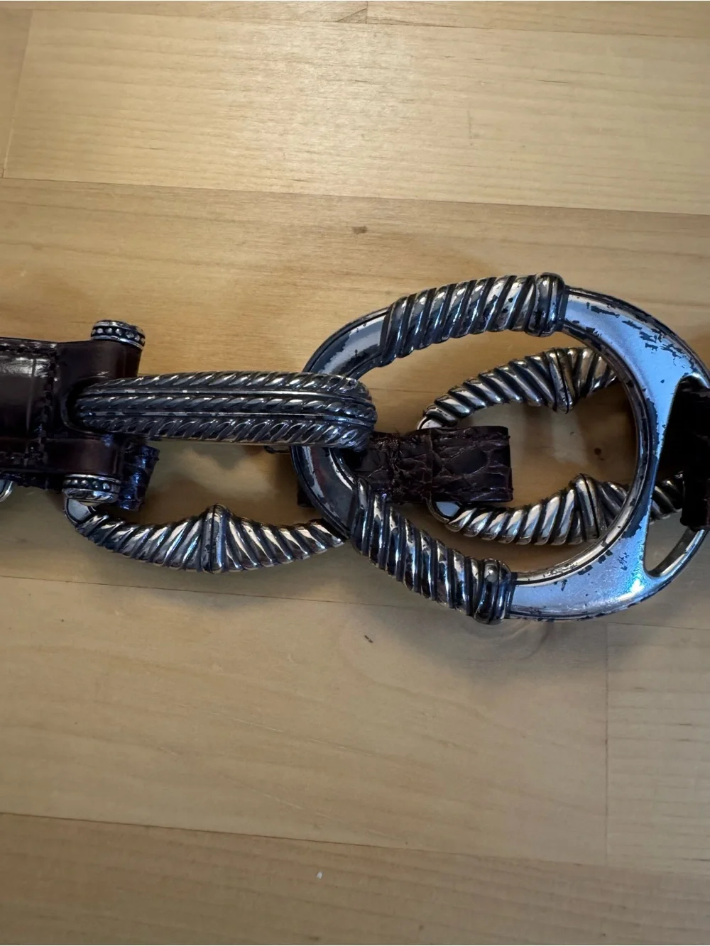 Brighton Dark Brown Croc-Embossed Leather Belt with Silver Chain Links 32”